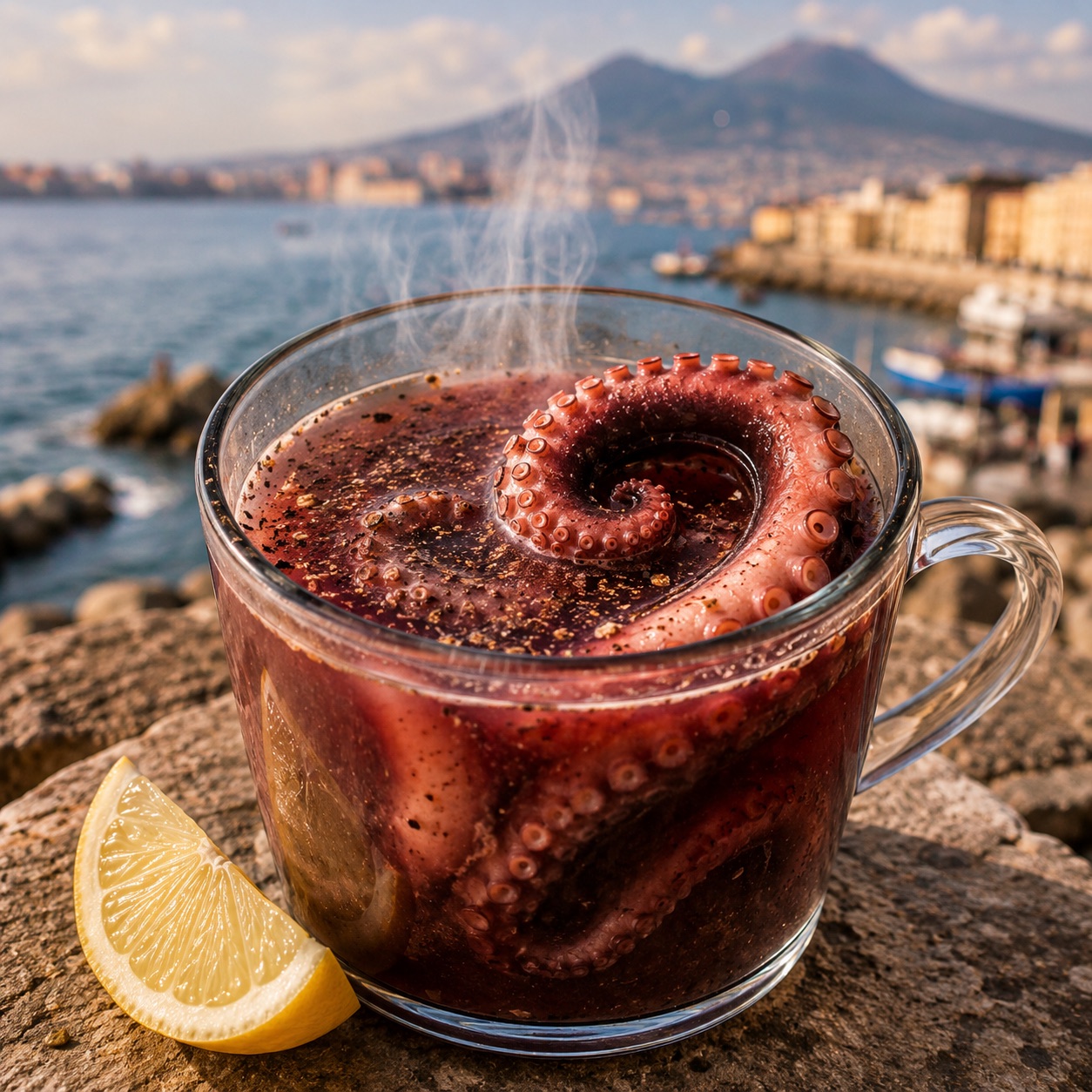 A glass cup of steaming octopus broth with a curled tentacle and black pepper, the Gulf of Naples behind