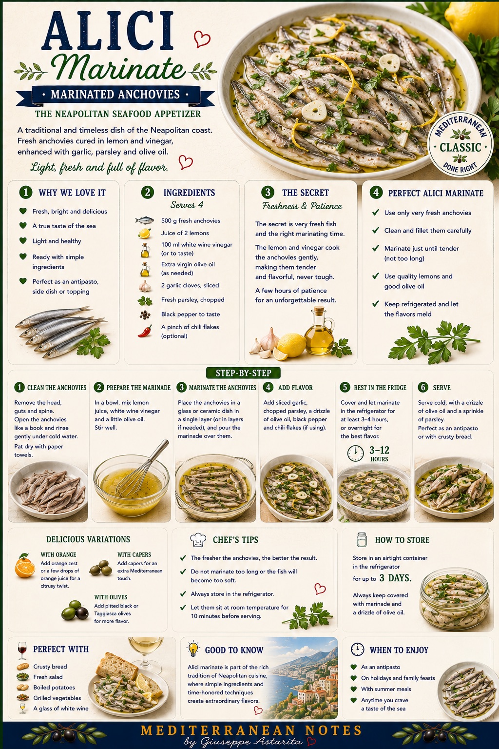 Alici marinate -- clean carefully, lemon and vinegar marinade, 3-12 hours, garlic and parsley to finish