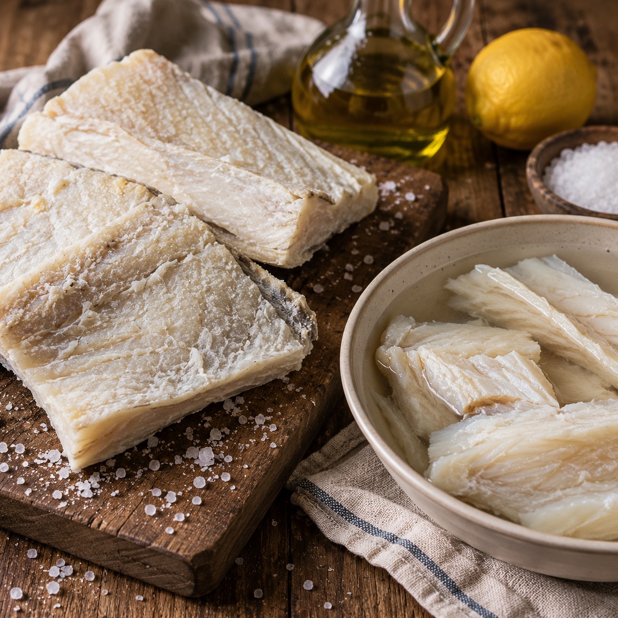 Baccalà — dried and soaking, with olive oil and lemon