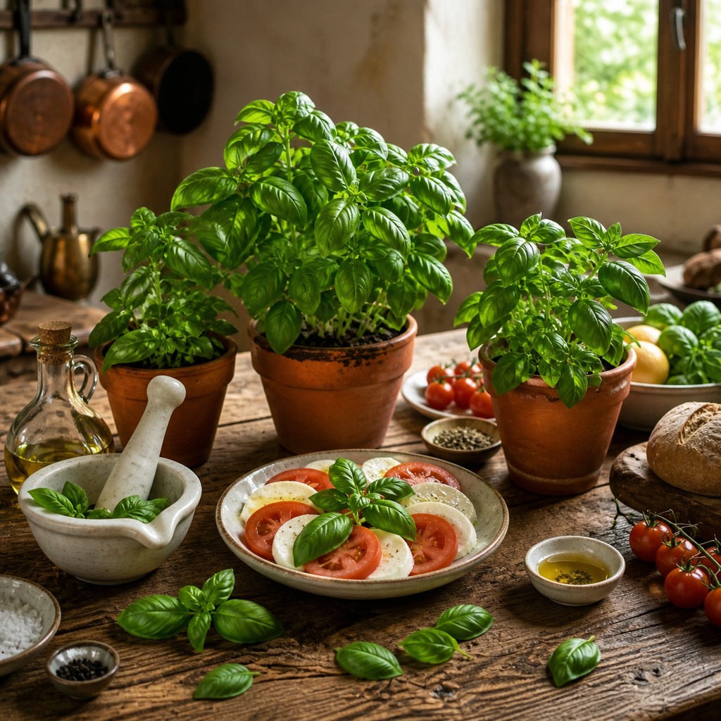 Basilico — potted basil on a kitchen table