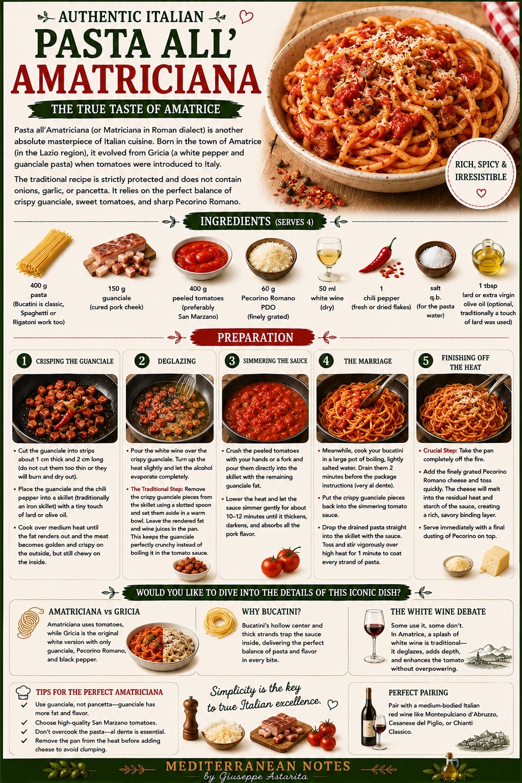 Bucatini all'amatriciana infographic — ingredients and preparation steps
