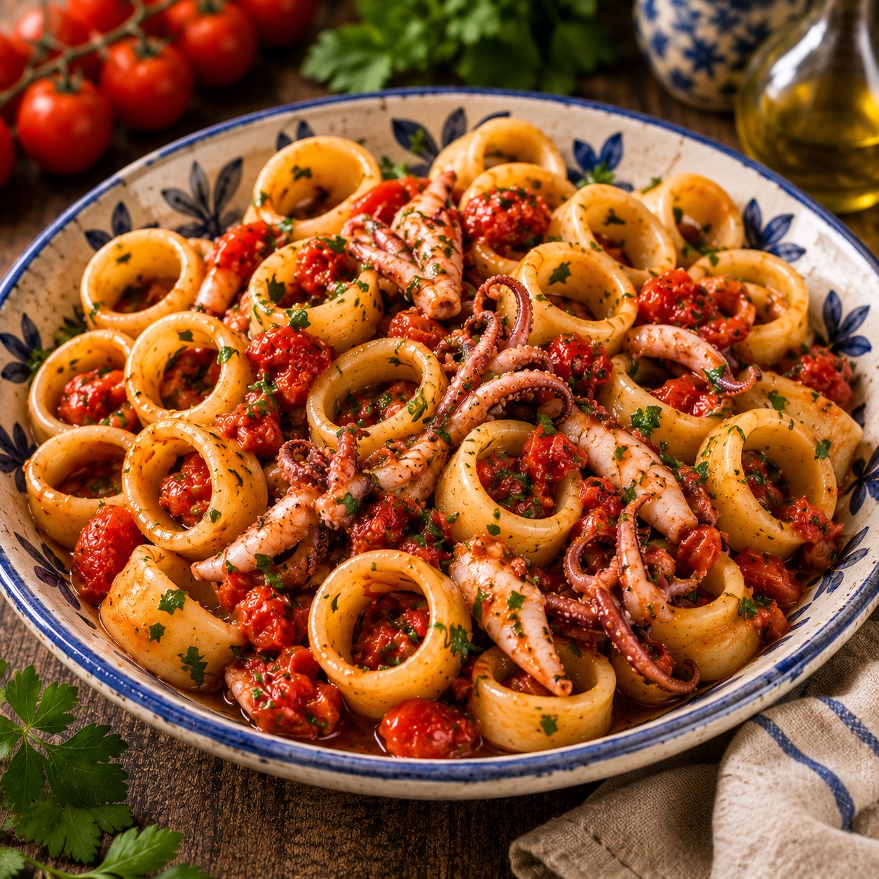 Calamarata — ring pasta with squid alla napoletana