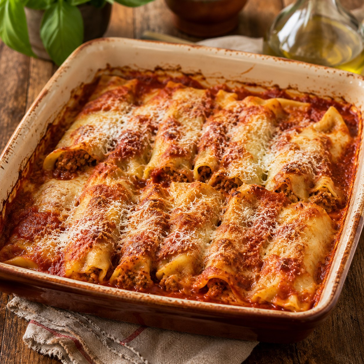 Cannelloni napoletani baked in a dish — pasta tubes filled with meat and ricotta under tomato sauce and melted cheese, dusted with parmigiano