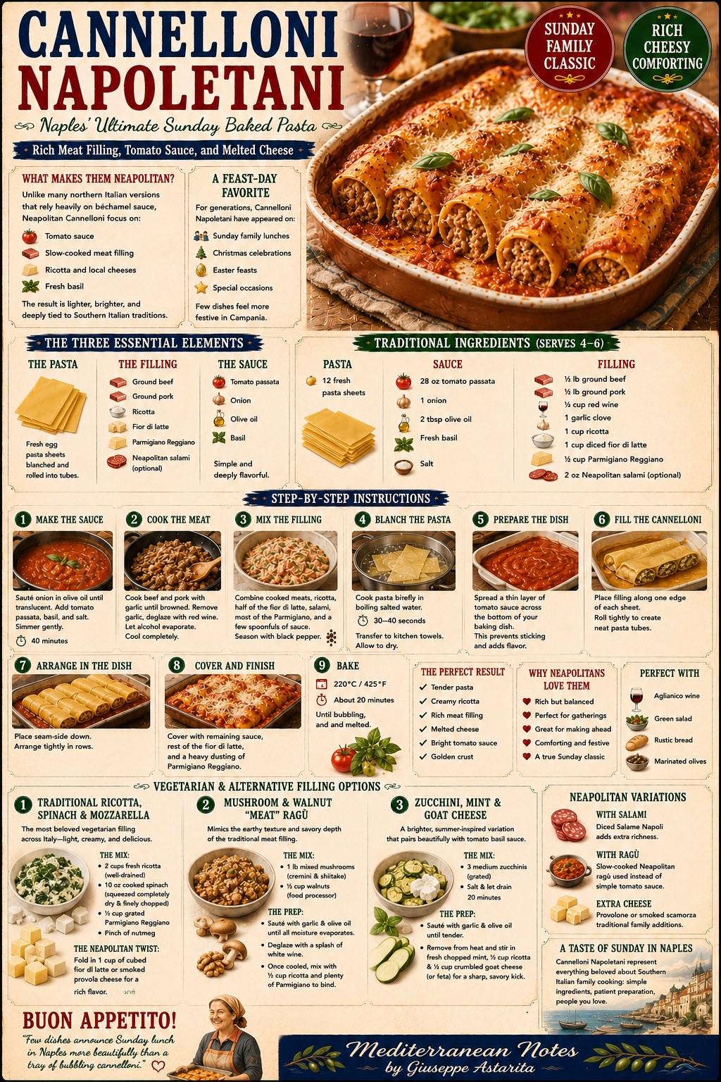 Cannelloni Napoletani — ingredients, method, and filling variations infographic, Mediterranean Notes by Giuseppe Astarita