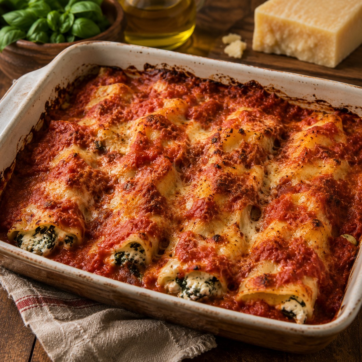 Cannelloni di ricotta e spinaci baked in a dish — pasta tubes with a green ricotta-and-spinach filling under tomato sauce and melted cheese