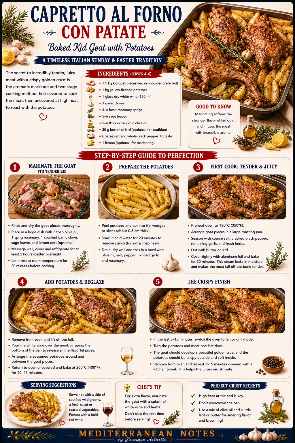 Capretto al forno con patate — baked kid goat with potatoes infographic