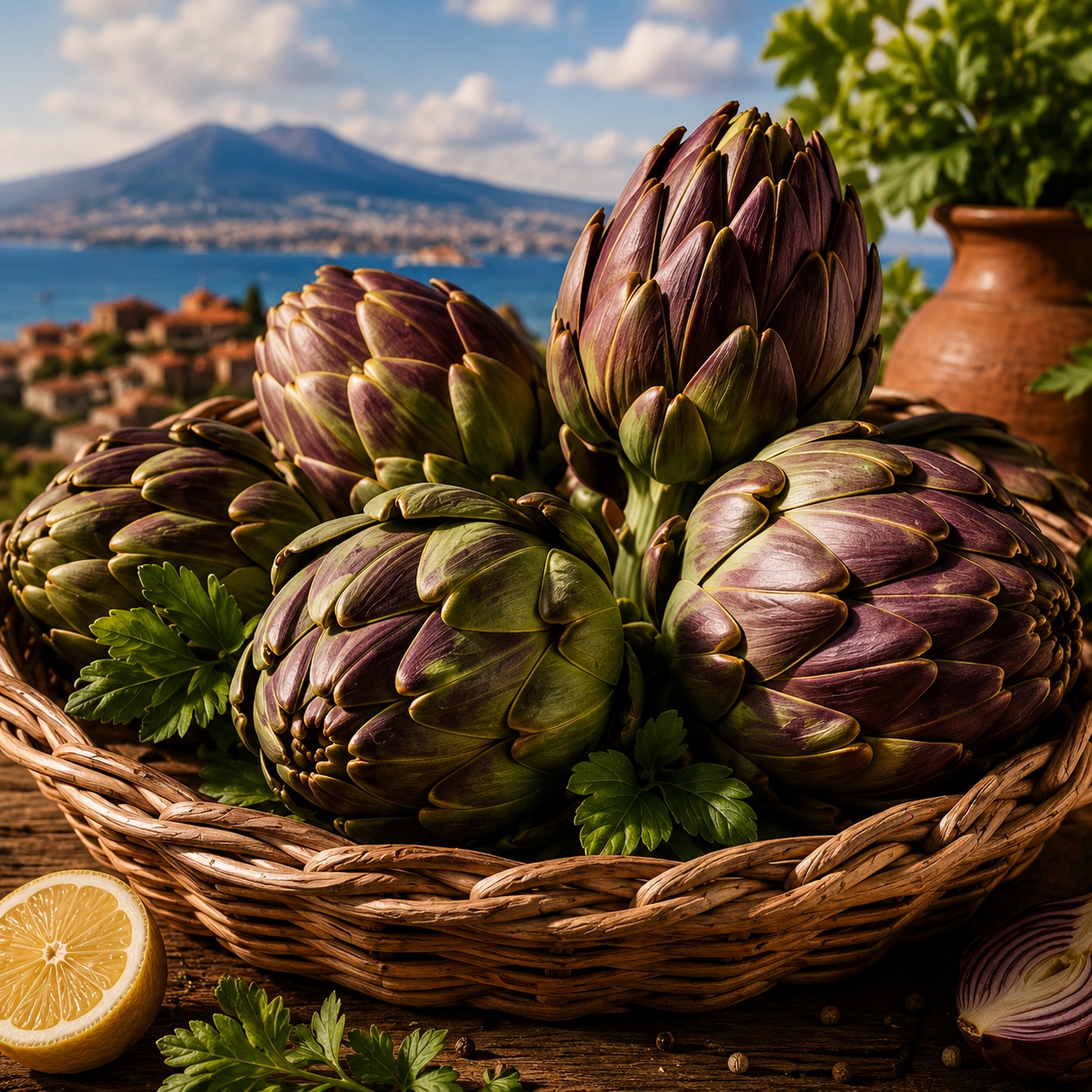 Violet artichokes in a wicker basket with Vesuvius in the background and a lemon on the side