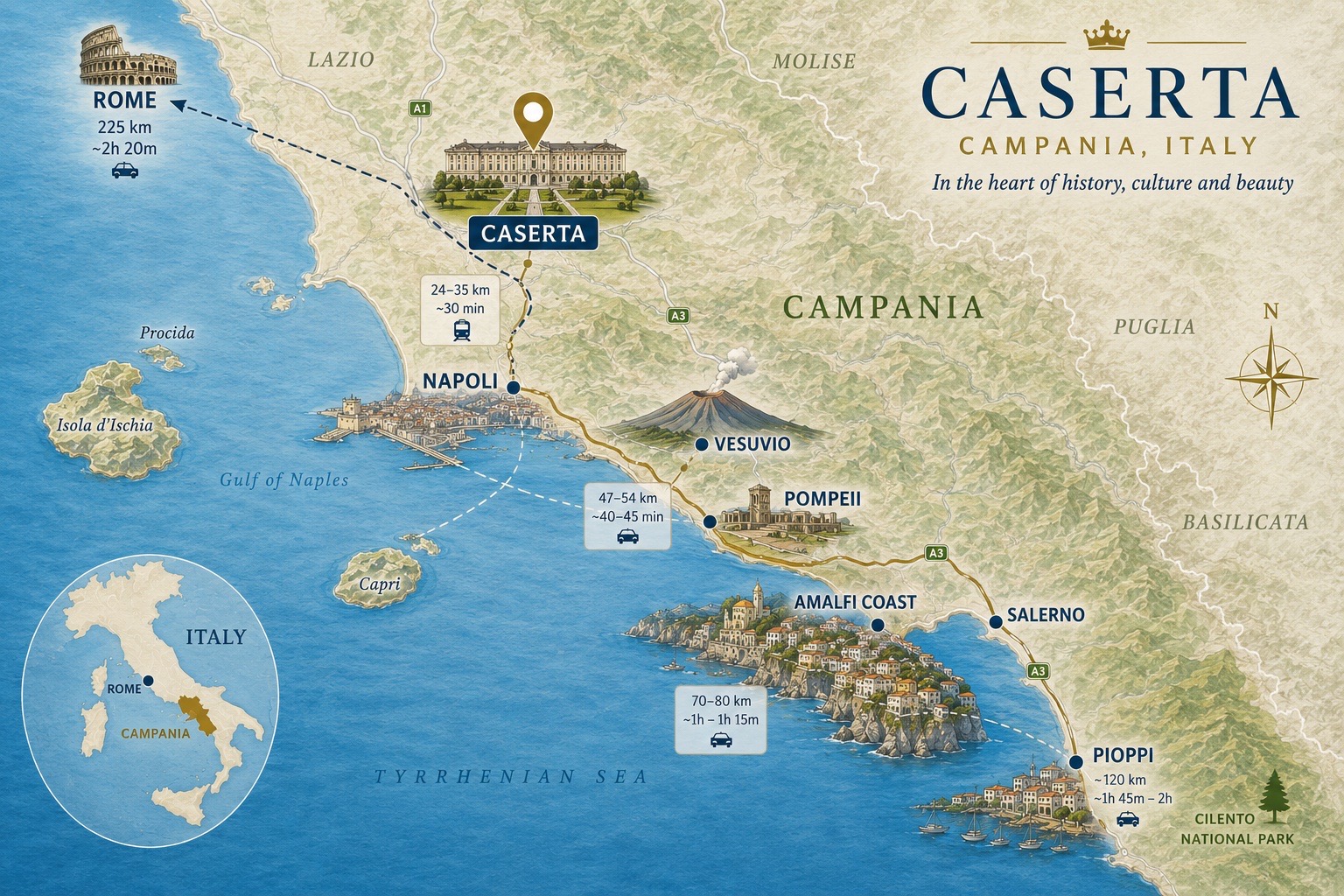 Illustrated map of Campania highlighting Caserta, Naples, Vesuvius, Pompeii, the Amalfi Coast, Pioppi, and Caserta's position in Italy.