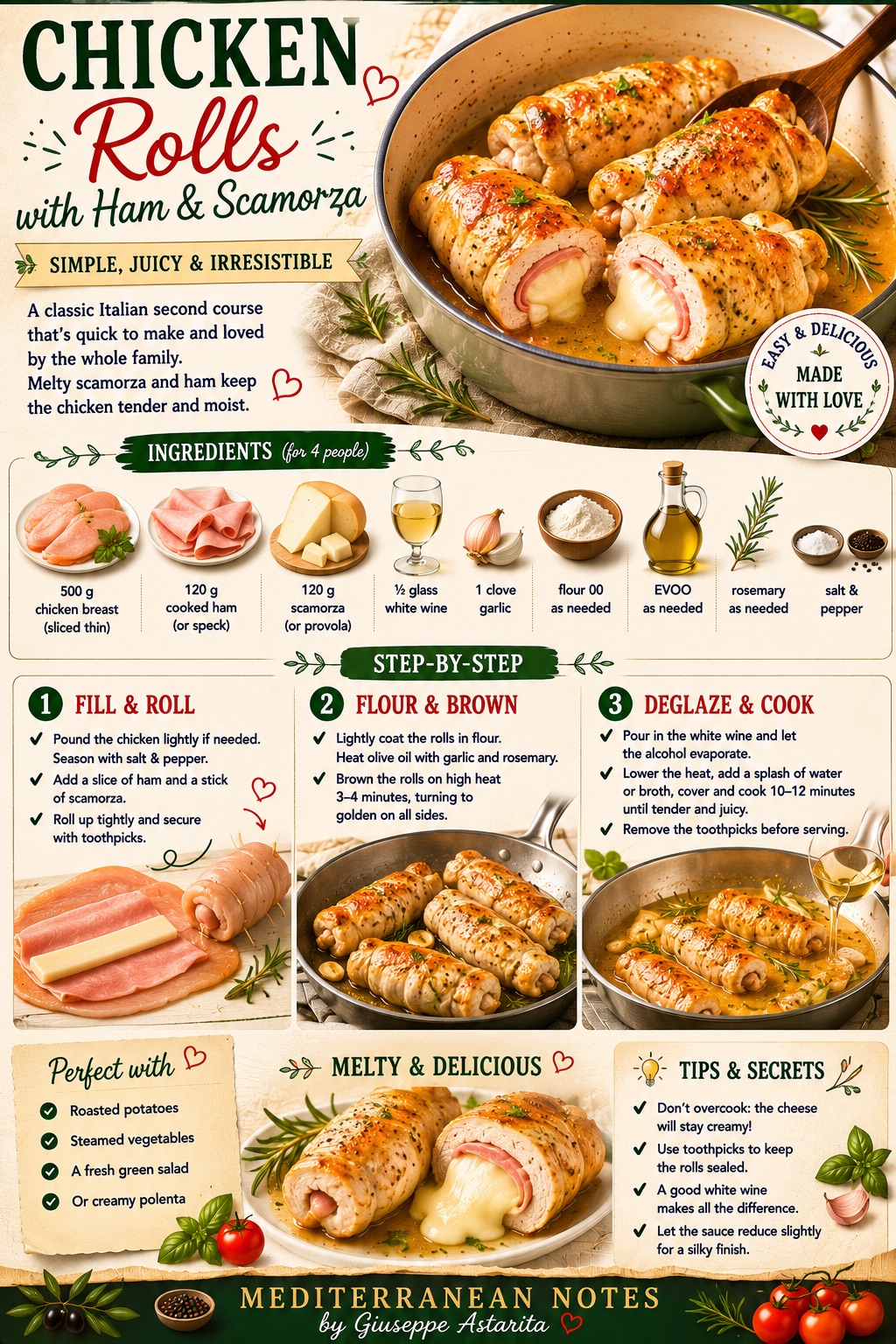 Chicken rolls with ham and scamorza -- simple juicy irresistible, Mediterranean Notes