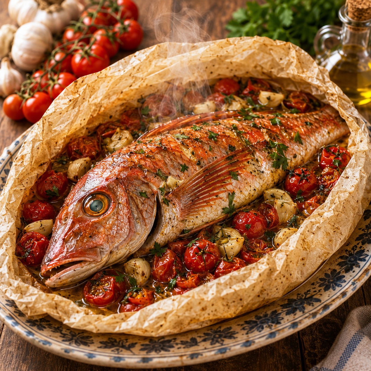 Coccio al cartoccio — red gurnard baked in parchment