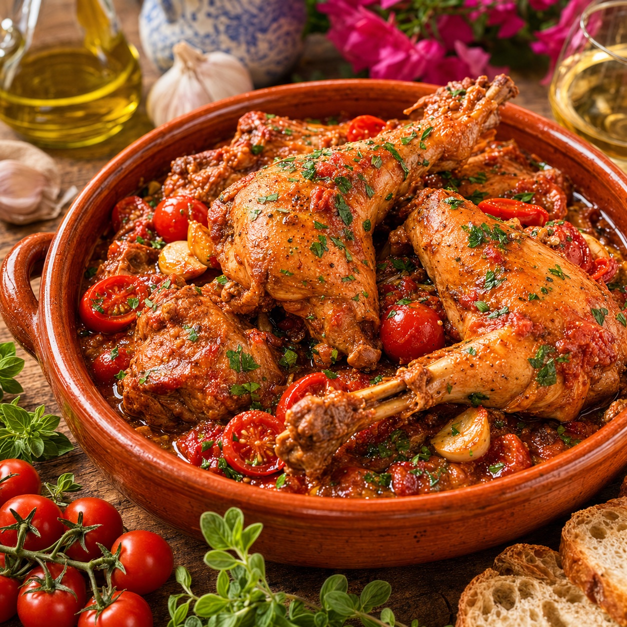 Coniglio all'ischitana — rabbit pieces stewed with cherry tomatoes and herbs in a terracotta dish, Ischia in the background