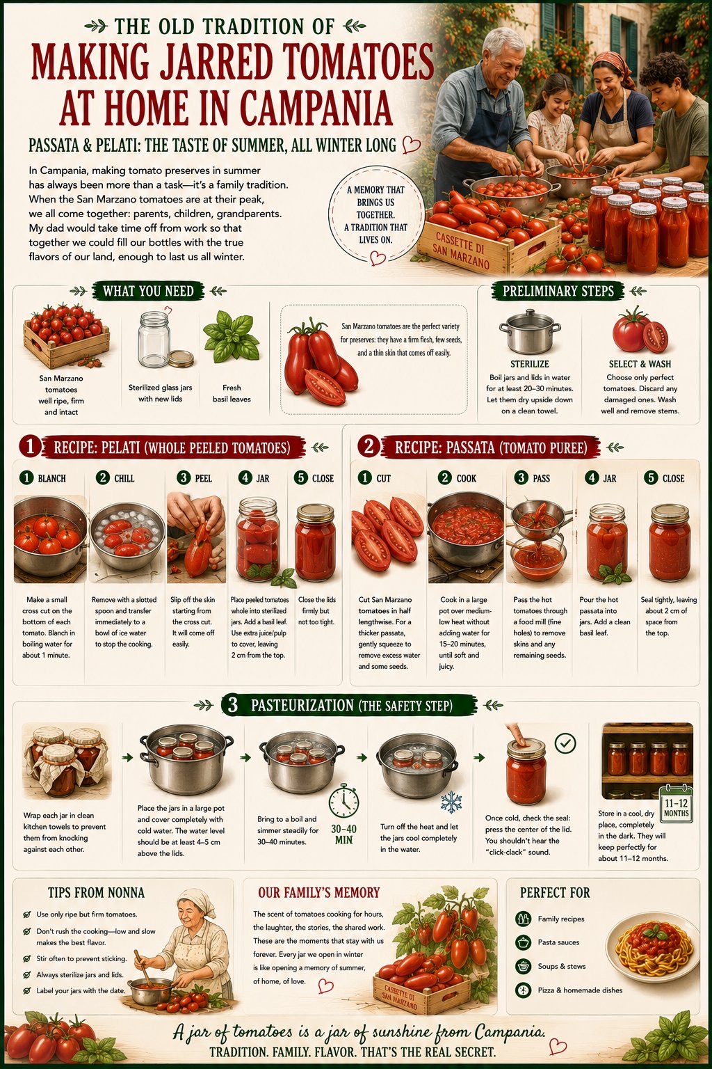 Making Jarred Tomatoes at Home in Campania — passata and pelati infographic