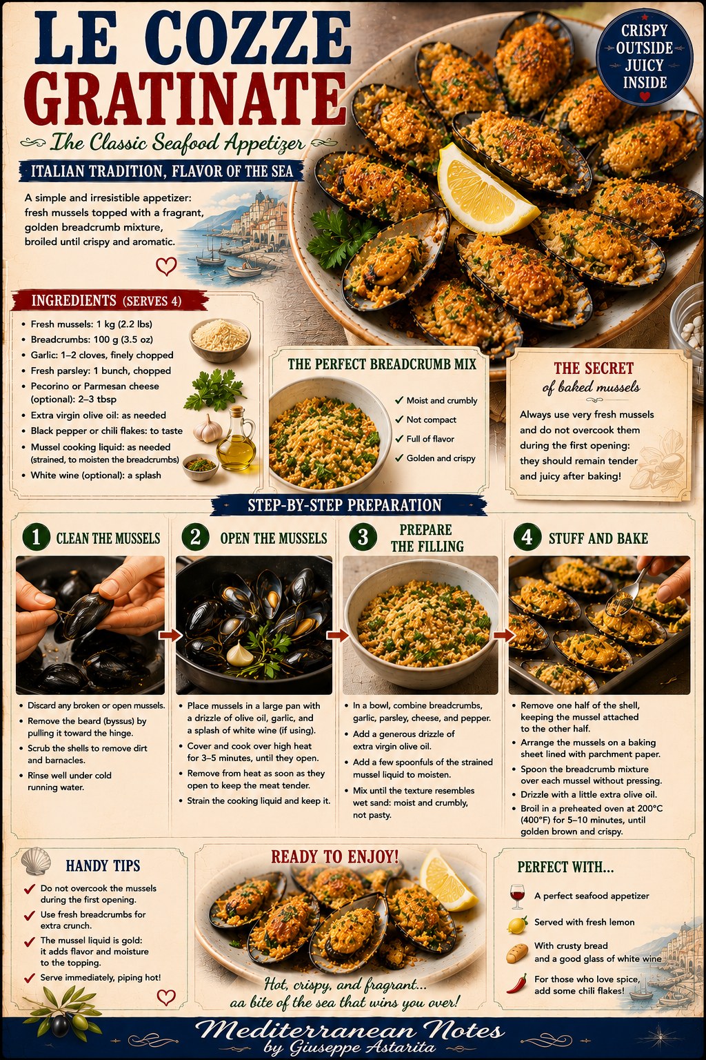 Cozze gratinate — baked stuffed mussels step by step infographic