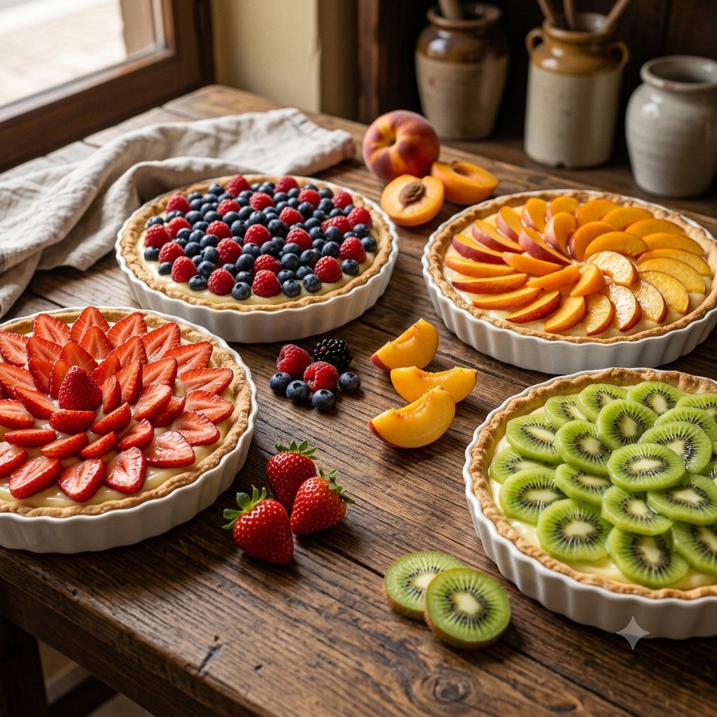 Crostata di crema pasticcera with strawberries, mixed berries, peach, and kiwi — fruit variations