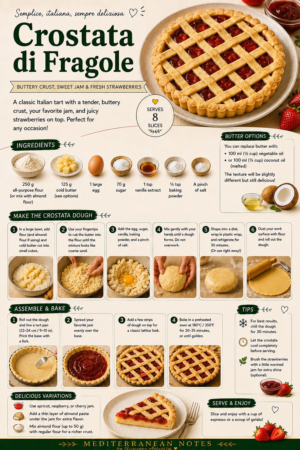 Crostata di fragole infographic — dough, assembly, and tips