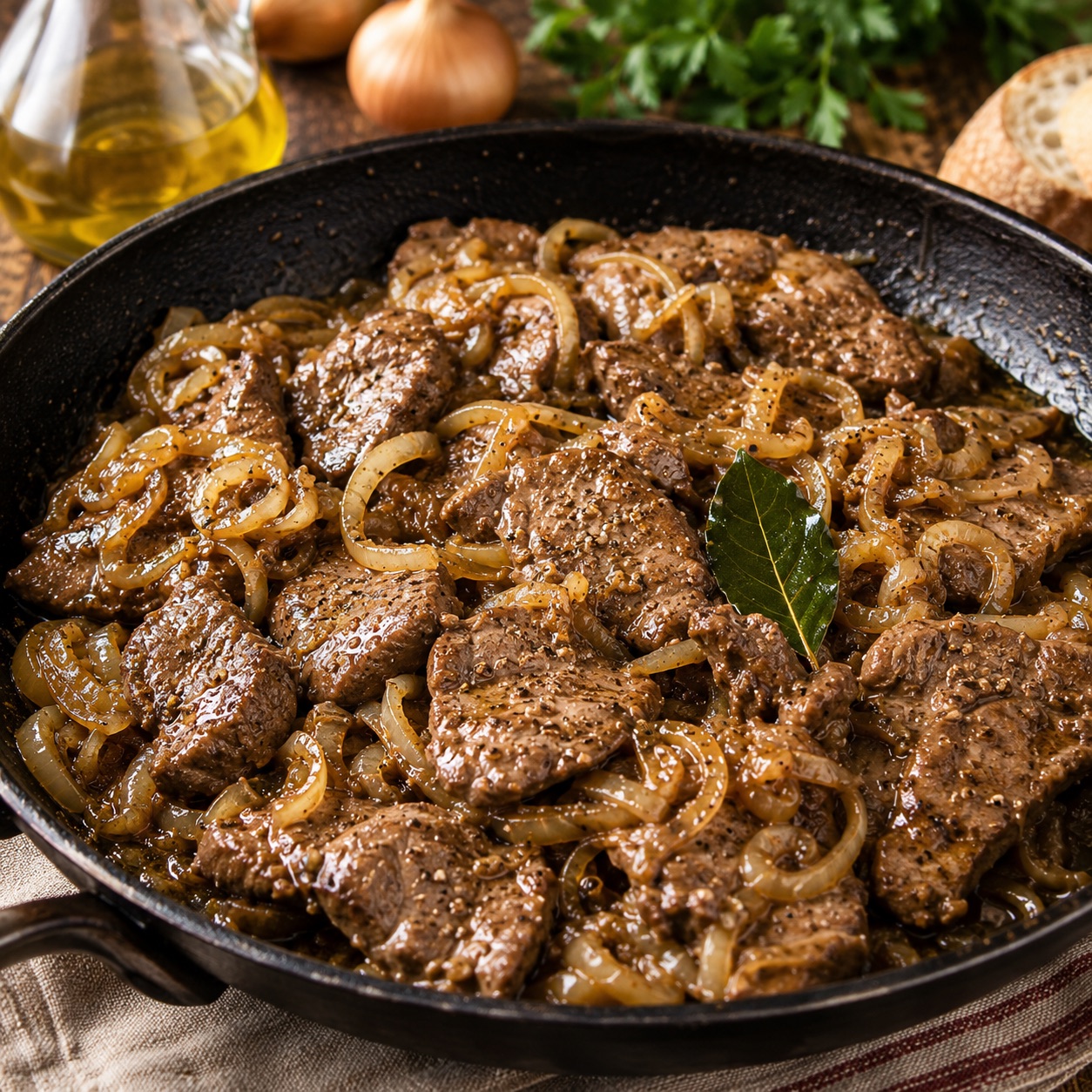 Fegato in padella alla napoletana — veal liver with slow-cooked sweet onions in a black skillet