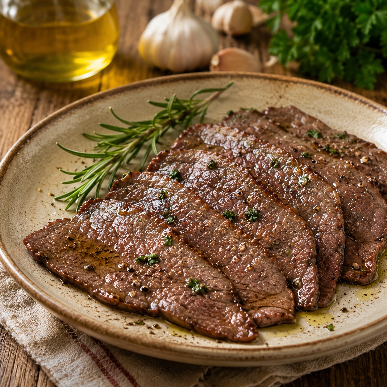 Thin slices of horse meat seared in a pan with garlic and parsley
