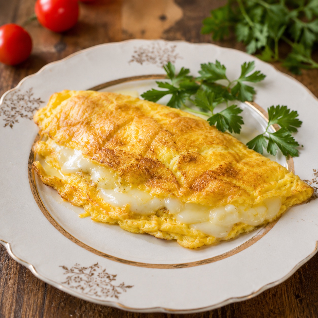 Filoscio napoletano on a white ceramic plate — golden folded egg, mozzarella visible at the seam, cherry tomatoes and parsley alongside