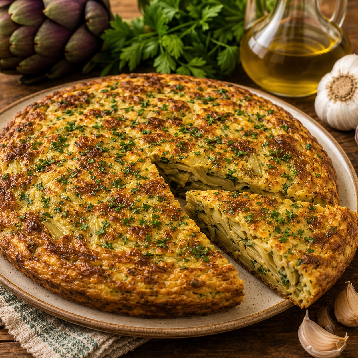 Frittata di carciofi alla napoletana on a white plate, golden and dotted with green artichoke