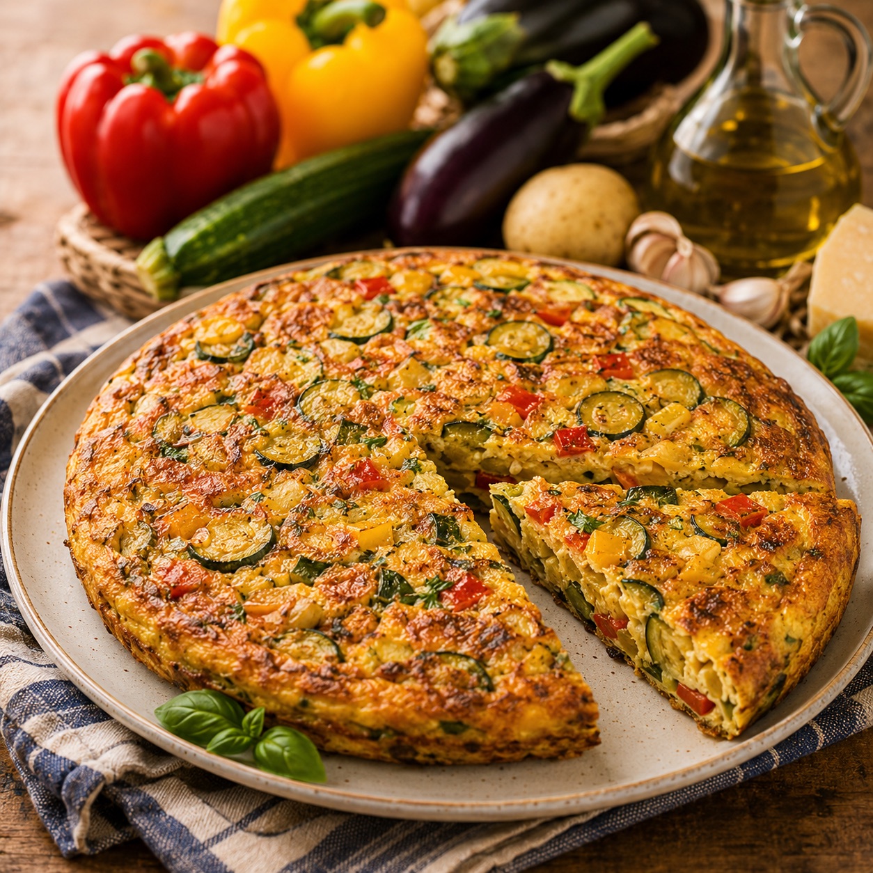 Frittata all'ortolana napoletana on a ceramic plate, golden outside with colorful summer vegetables visible