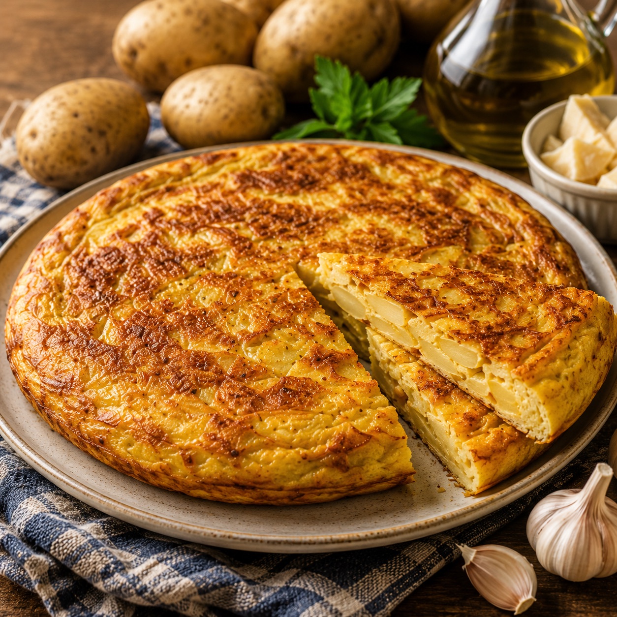 Frittata di patate napoletana on a plate, golden and crispy outside, served in wedges