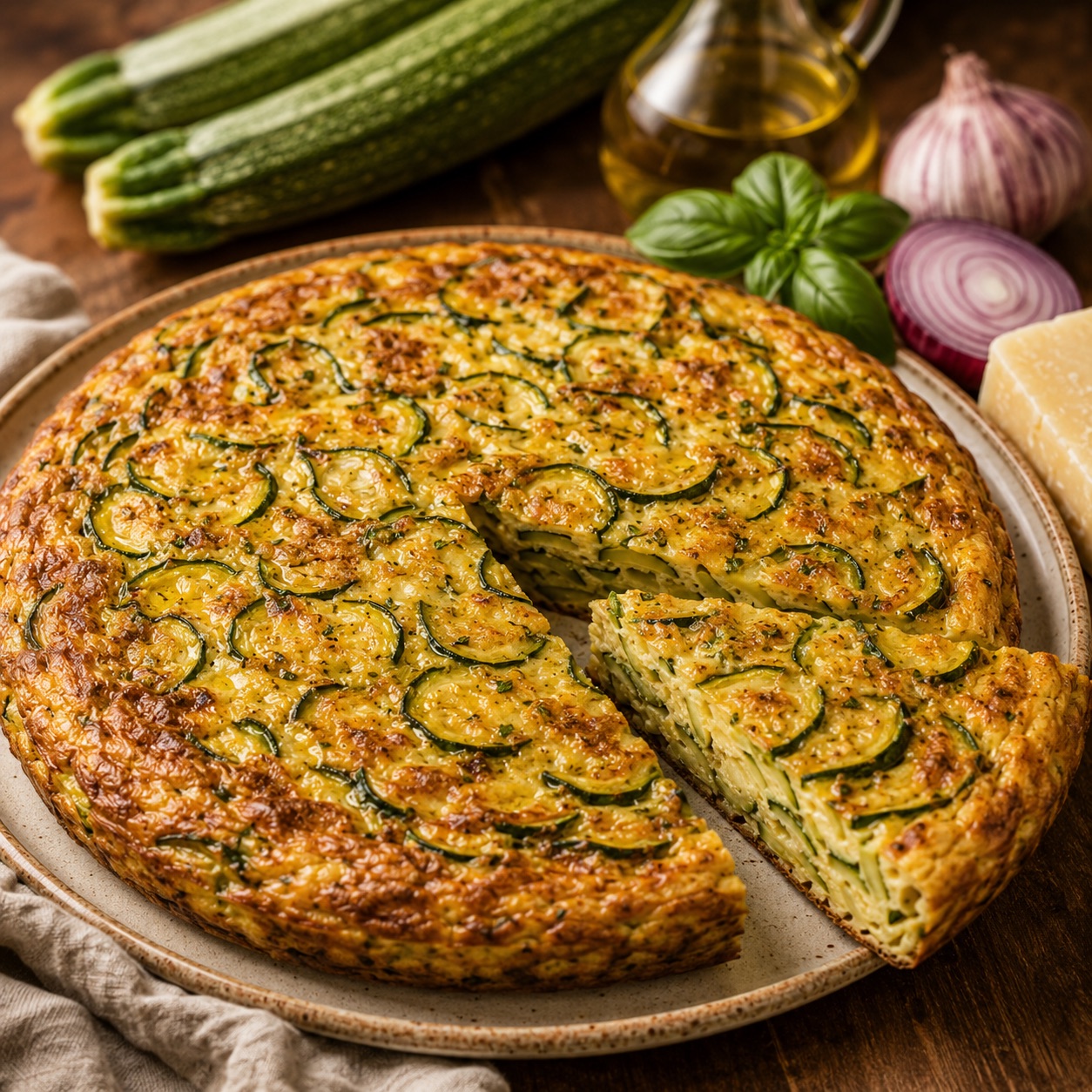 Frittata di zucchine napoletana on a plate, golden-brown with pale green zucchini rounds visible
