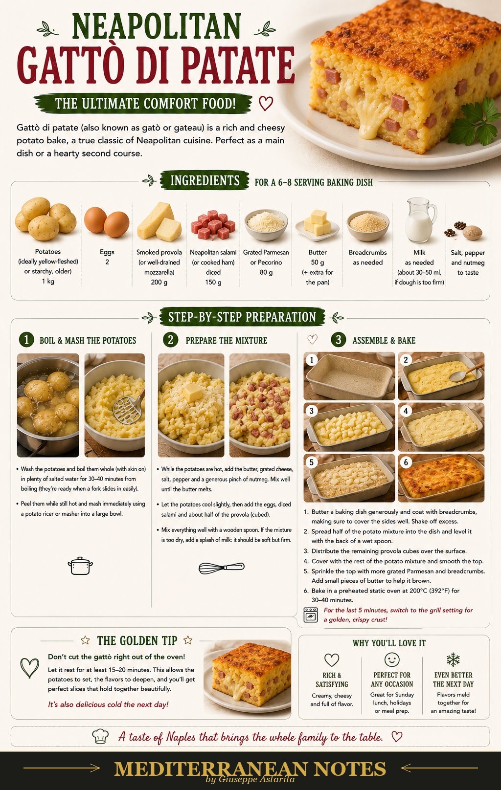 Gattò di patate infographic — ingredients, step-by-step preparation, and tips