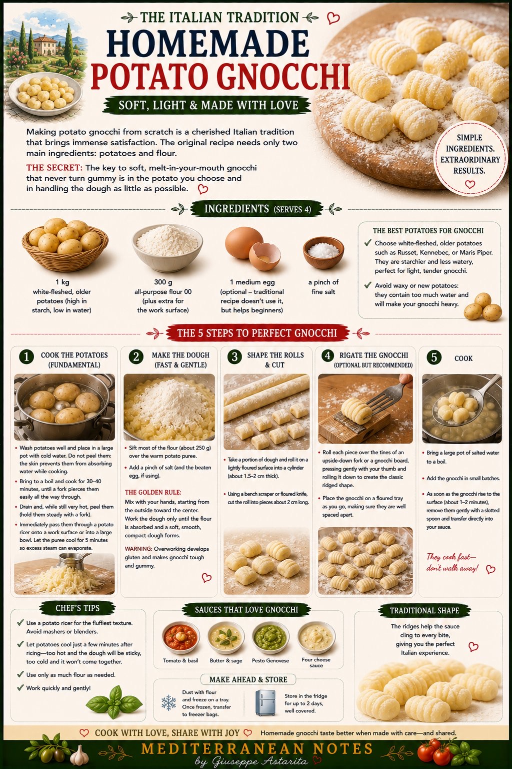Homemade potato gnocchi infographic — 5 steps to perfect gnocchi