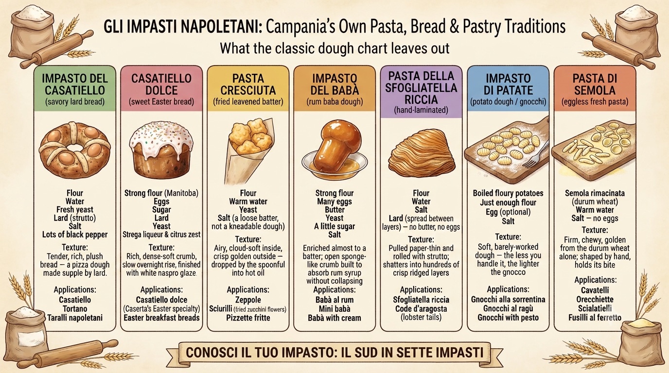 Gli impasti napoletani — casatiello, casatiello dolce, pasta cresciuta, babà, sfogliatella riccia, gnocchi, pasta di semola