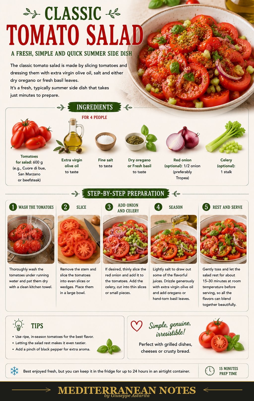 Tomato salad infographic — ingredients, preparation, and tips