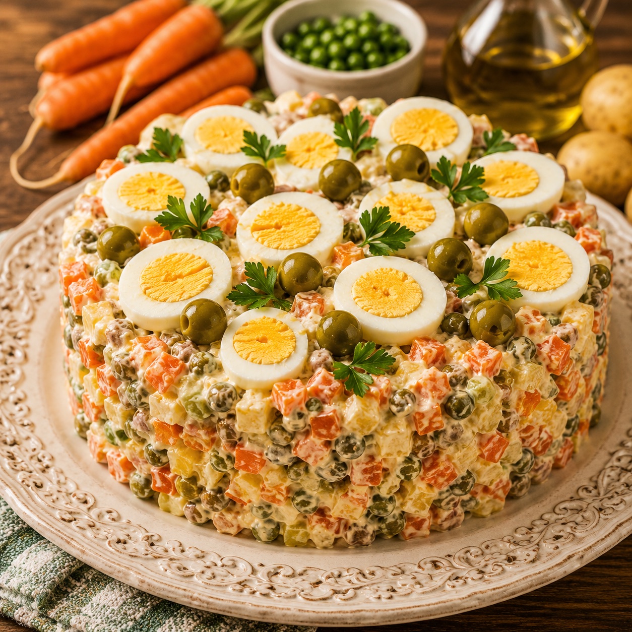 Insalata russa alla napoletana on a serving plate, decorated with boiled egg halves and green olives
