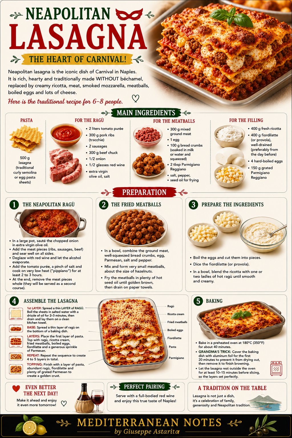 Lasagna napoletana infographic — ingredients, preparation, and layering