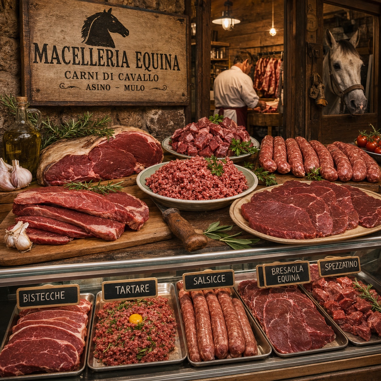 A traditional Italian macelleria equina — horse meat butcher shop counter with steaks, sausages and bresaola equina