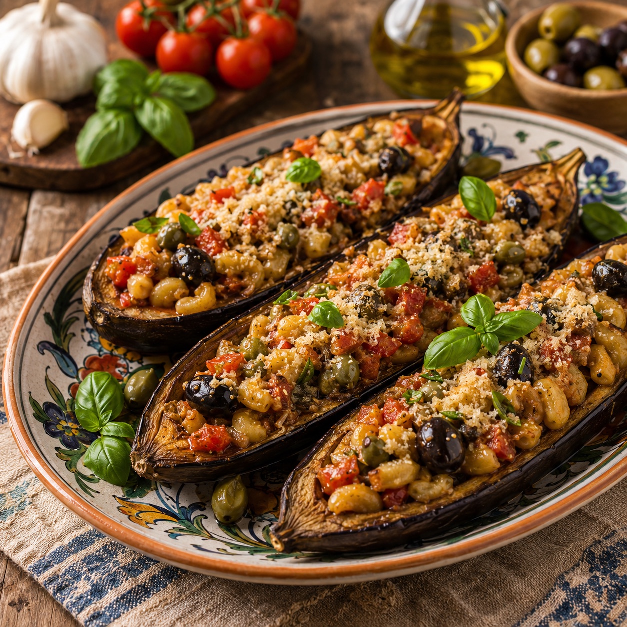 Melanzane a scarpone on a ceramic plate — eggplant halves stuffed with olives, capers and tomatoes, golden breadcrumb topping