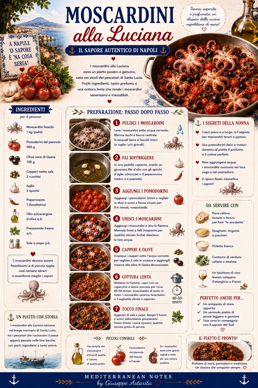 Moscardini alla Luciana -- il sapore autentico di Napoli, con pomodorini del piennolo, olive di Gaeta e capperi, Mediterranean Notes
