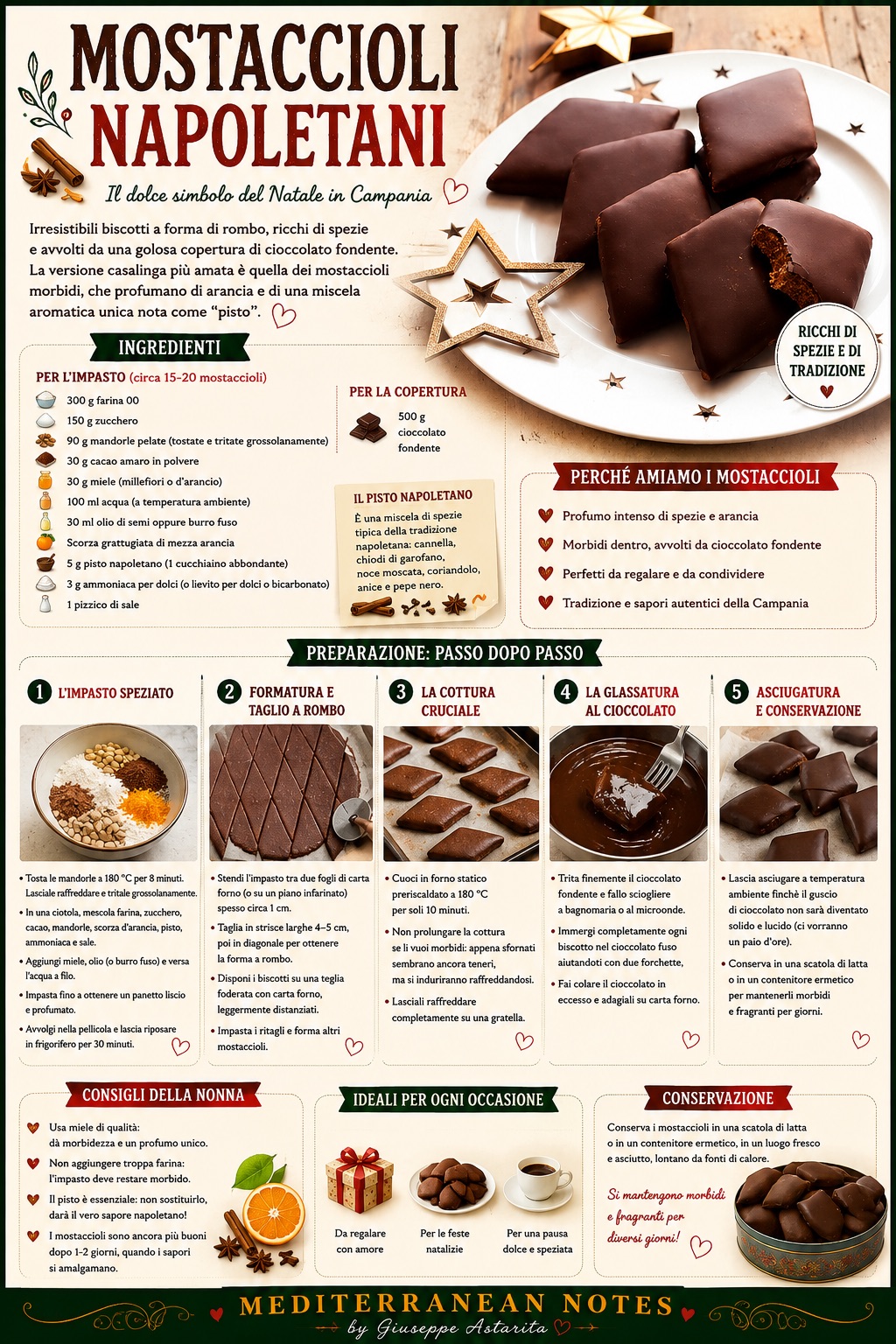 Mostaccioli napoletani -- pisto, cocoa, orange zest, dark chocolate coating