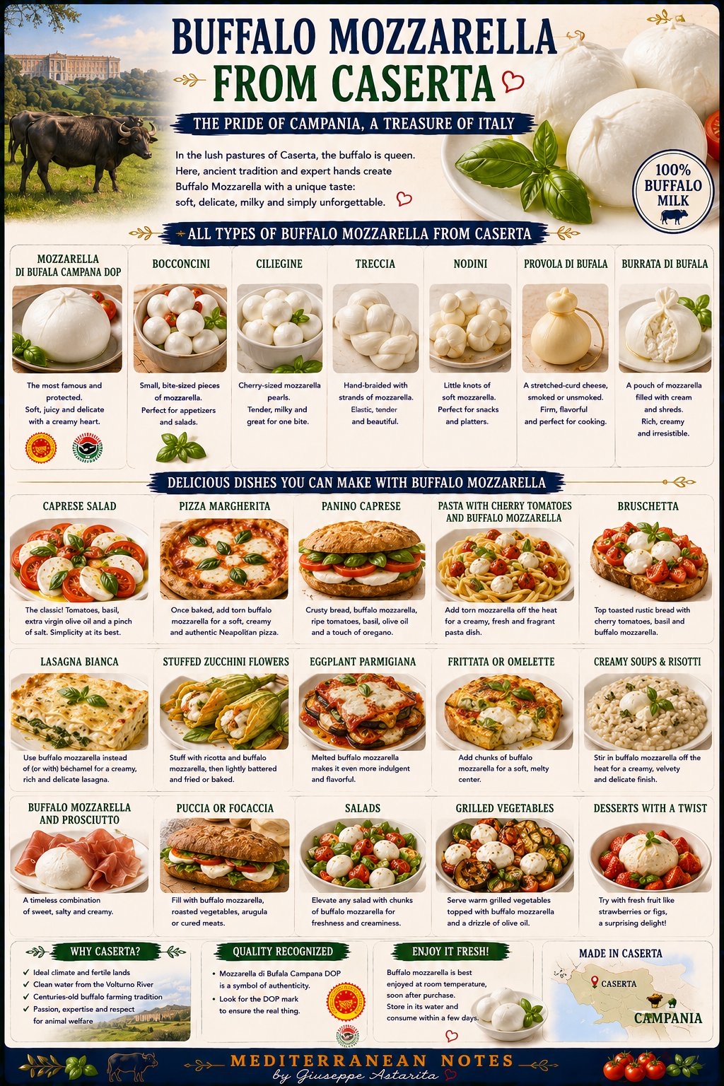 Buffalo Mozzarella from Caserta — types, uses, and traditions infographic