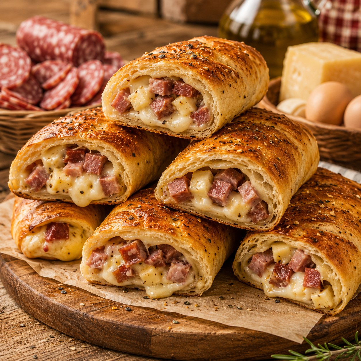 Panino Napoletano — golden stuffed rolls with salami, provolone, and egg, fresh from the oven