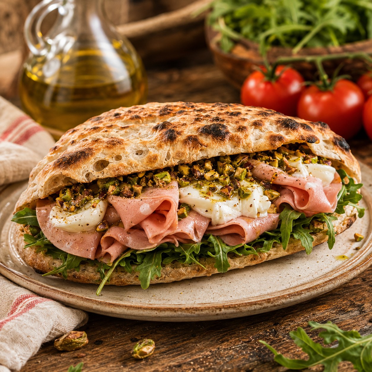 Panuozzo stuffed with mortadella, burrata, arugula, and crushed pistachios