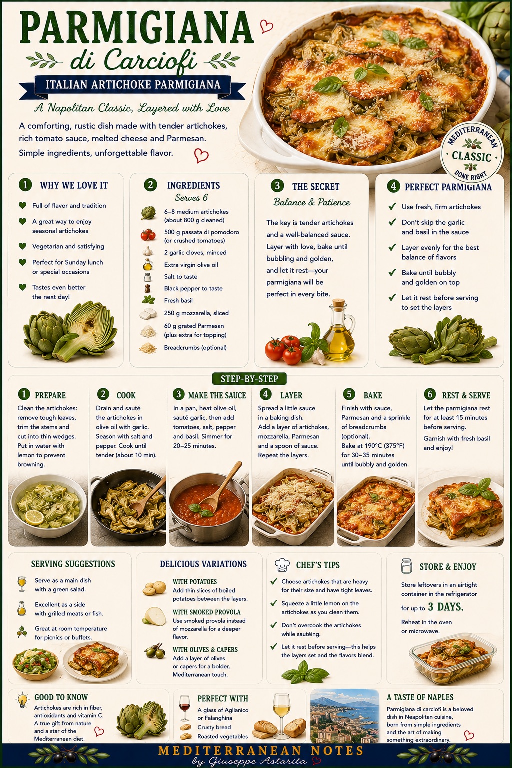 Parmigiana di carciofi -- clean with lemon, cook tender, layer with care, rest before serving
