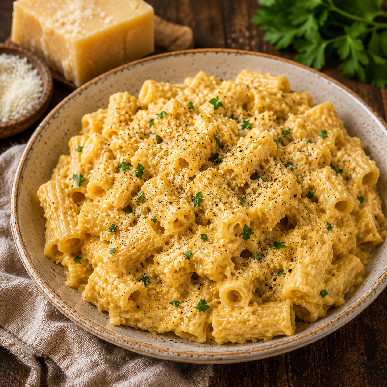 Bowl of pasta cacio e uova — short pasta coated in a golden egg and cheese sauce, black pepper and parsley on top