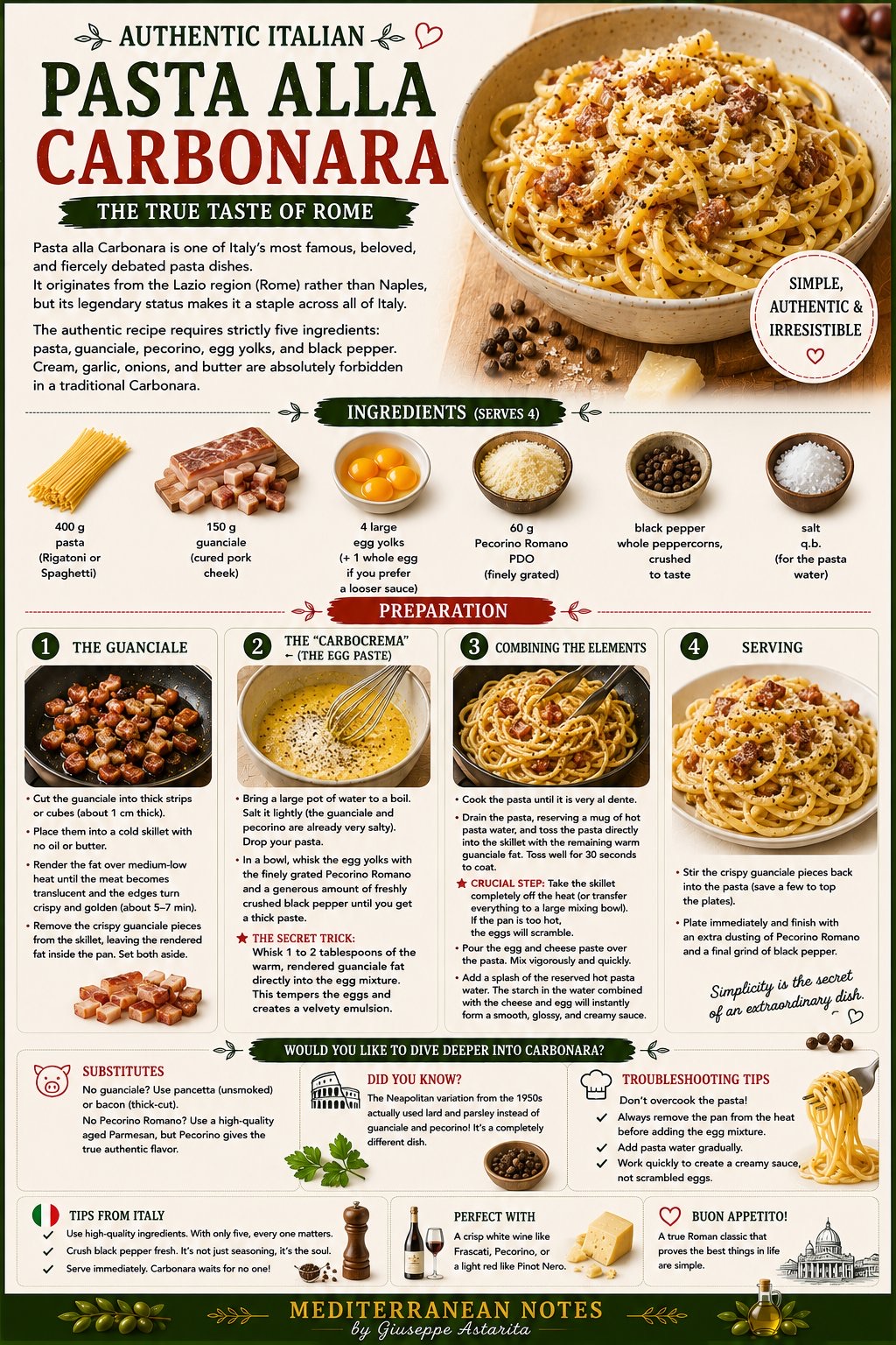 Pasta alla carbonara infographic — ingredients and preparation steps