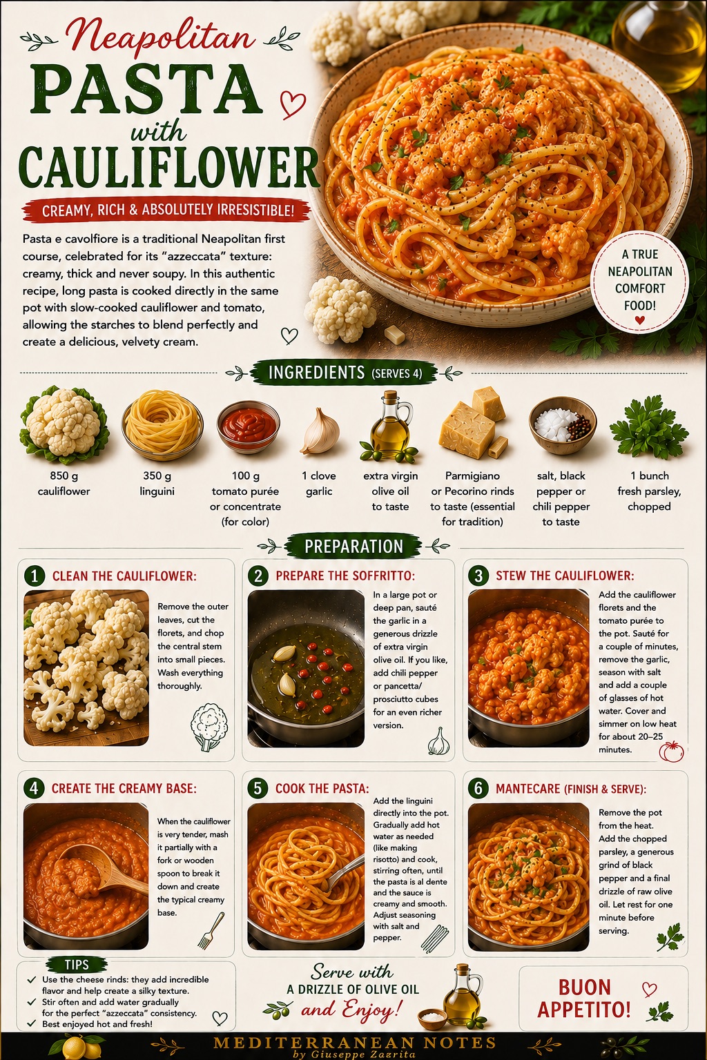 Pasta e cavolfiore alla napoletana infographic — ingredients and preparation