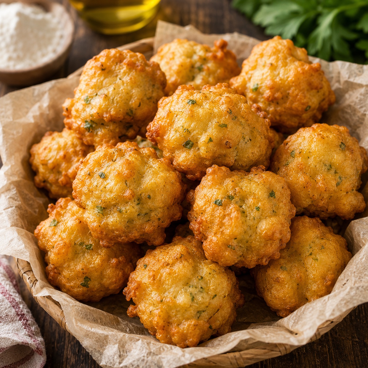 Basket of golden pasta cresciuta fritters piled on brown paper, herbs visible in crust, olive oil in background