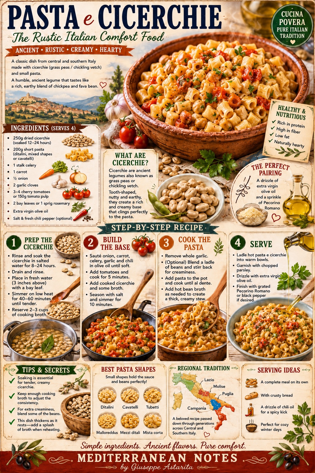 Pasta e cicerchie — cucina povera infographic, step by step
