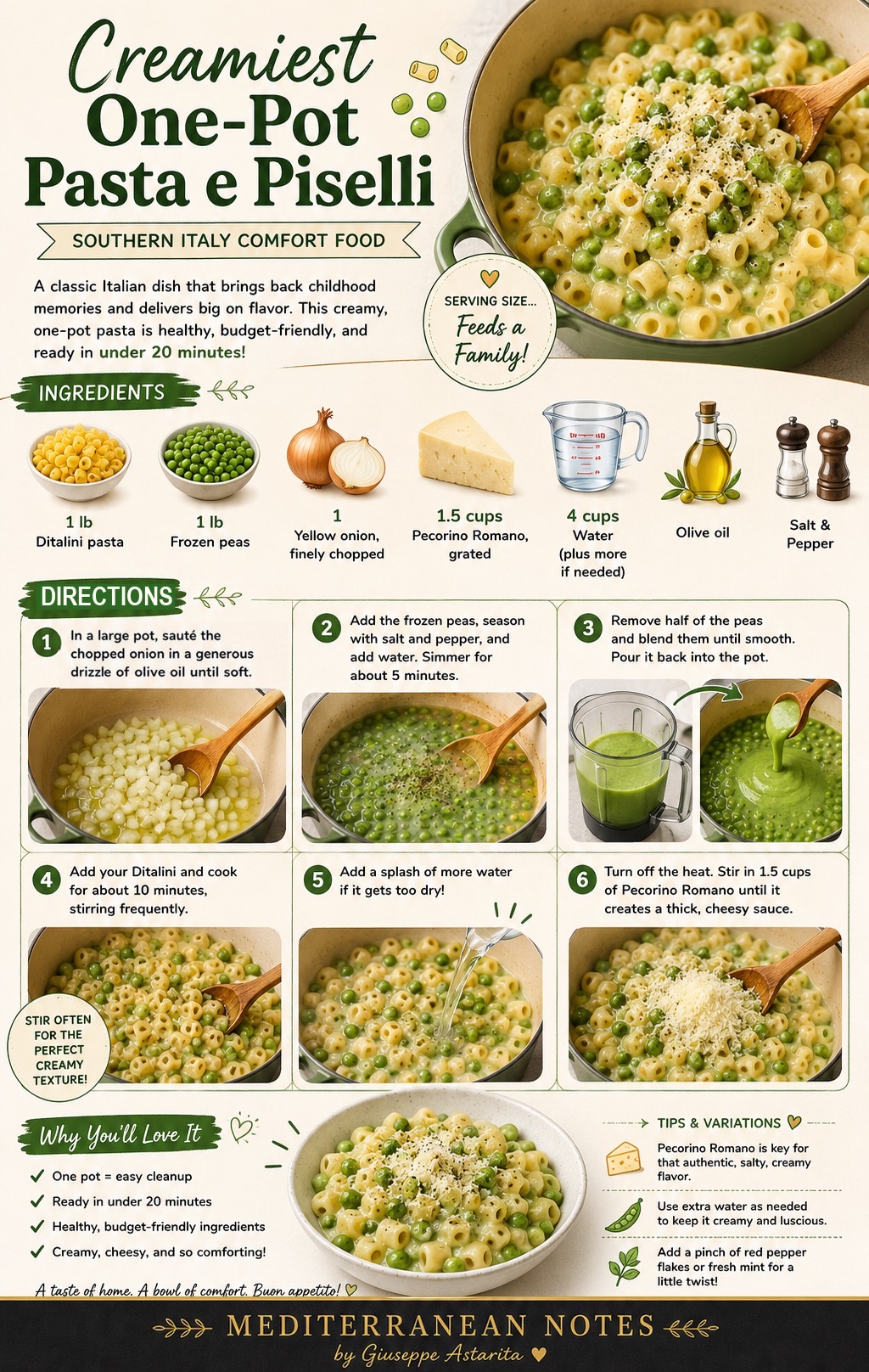 Pasta e piselli infographic — ingredients, method, and the science in every bowl