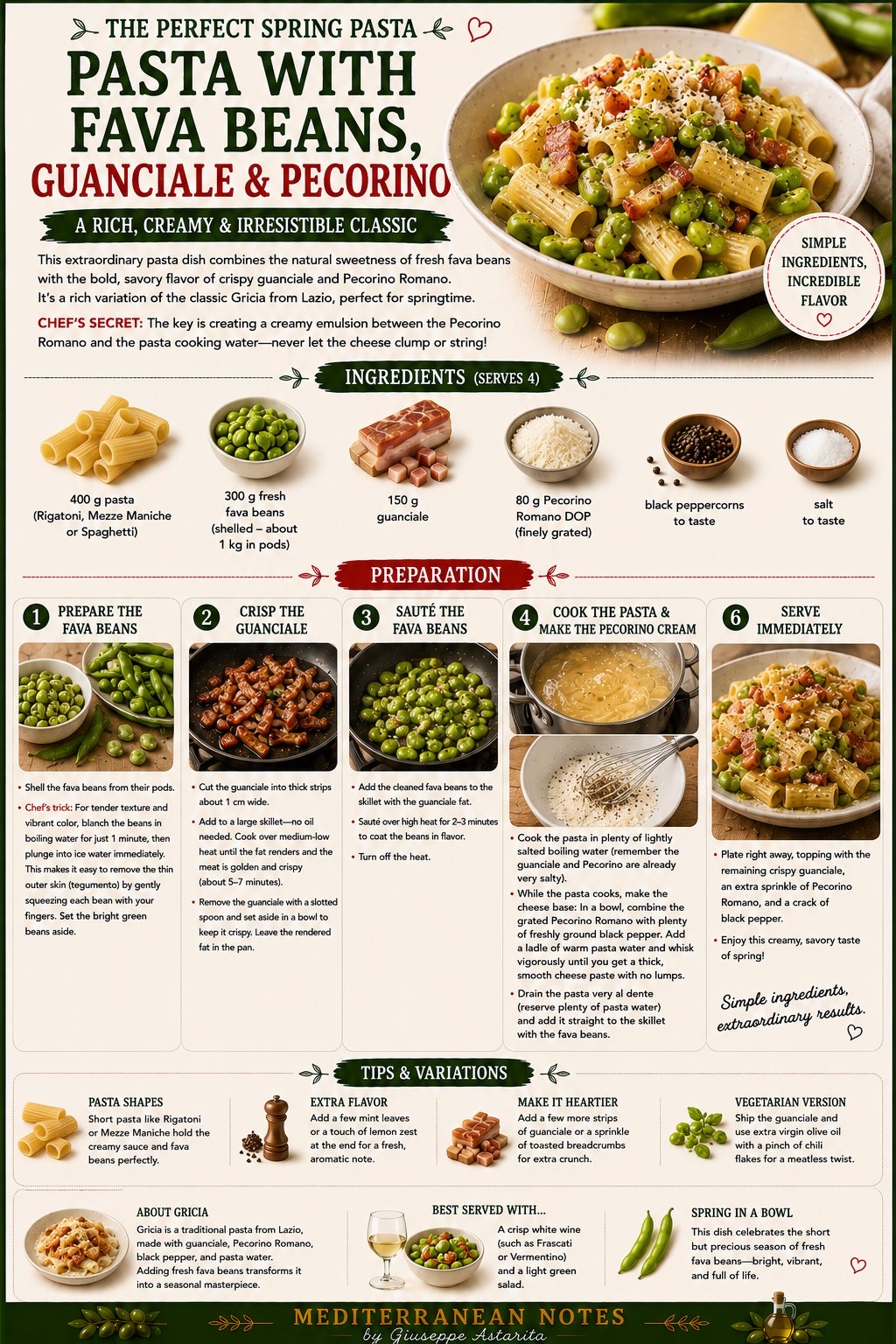 Pasta con fave, guanciale e Pecorino infographic — ingredients and preparation