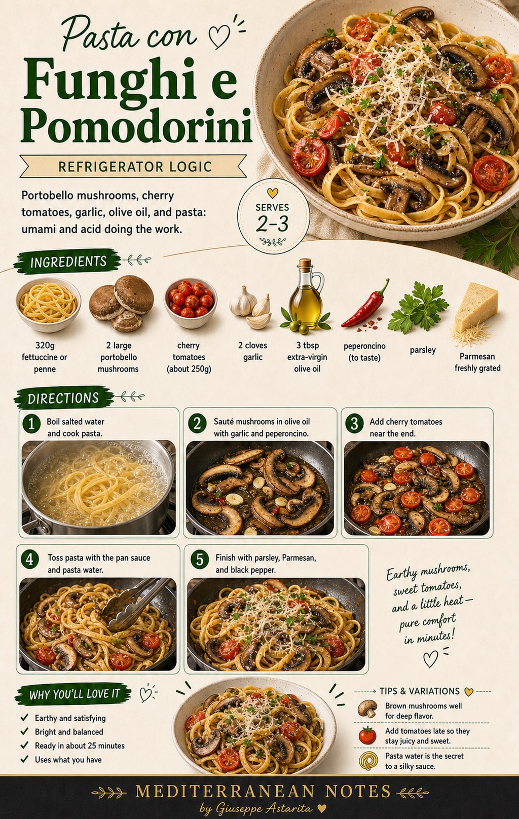 Pasta con funghi e pomodorini infographic