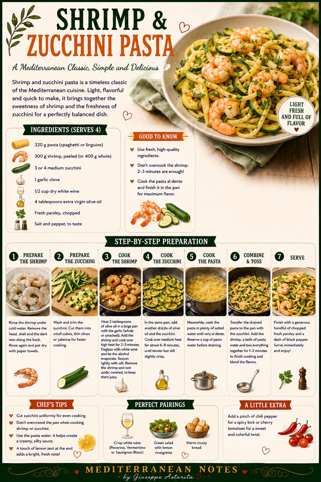 Pasta con gamberi e zucchine -- high heat, brief cooking, pasta water to emulsify