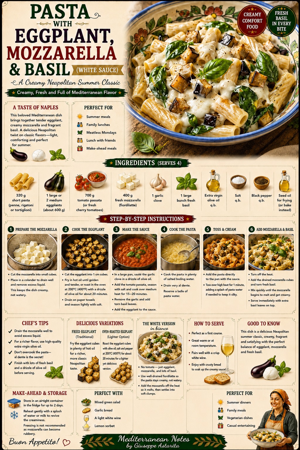 Pasta con melanzane e mozzarella in bianco — infographic by Giuseppe Astarita